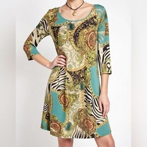 Fresh of LA Baroque Print Lion Chain Turquoise 3/4 Sleeve Tunic Dress Women's